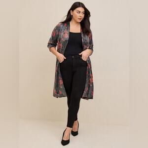 Torrid Black Red Floral Sequins Open Front Long Kimono Jacket Romantic - 1X